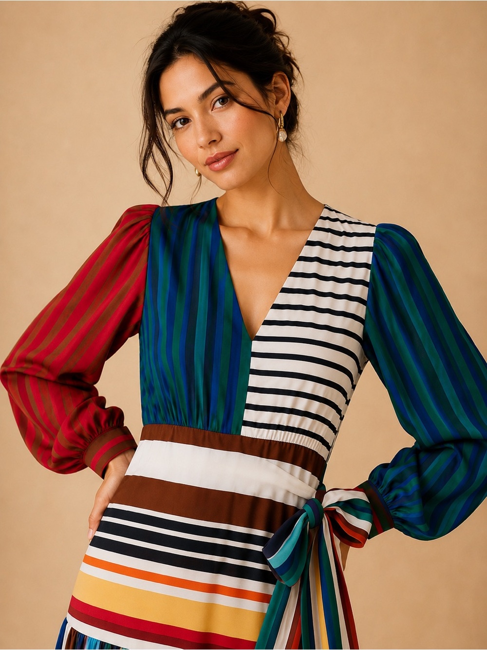 Farm Rio Thalita Stripe Multicolor Flowy Belted V-Neck Tiered Maxi Dress NWT - Picture 2 of 8